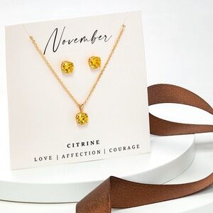 November - CZ Birthstone Stud Earring & Circular Pendant Set - Citrine